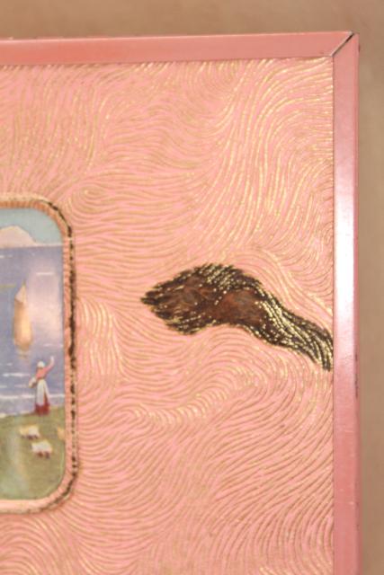 photo of shabby vintage pink stucco memory box w/ cottage scene, dresser chest for hankies or gloves #13