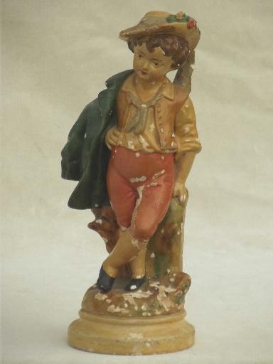 photo of shabby vintage plaster statue, pastoral shepherd boy painted chalkware figurine #1