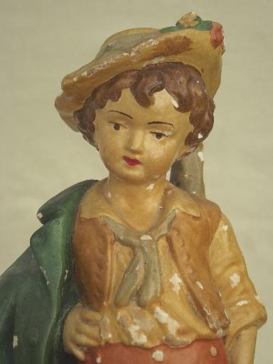 photo of shabby vintage plaster statue, pastoral shepherd boy painted chalkware figurine #5