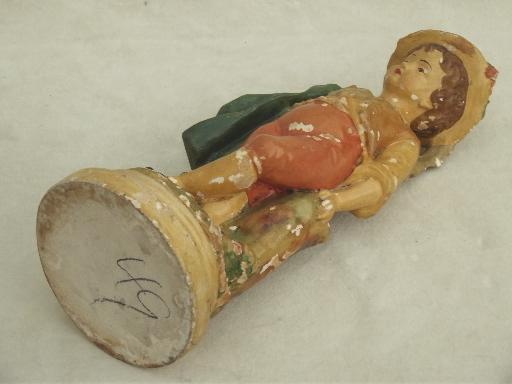 photo of shabby vintage plaster statue, pastoral shepherd boy painted chalkware figurine #7
