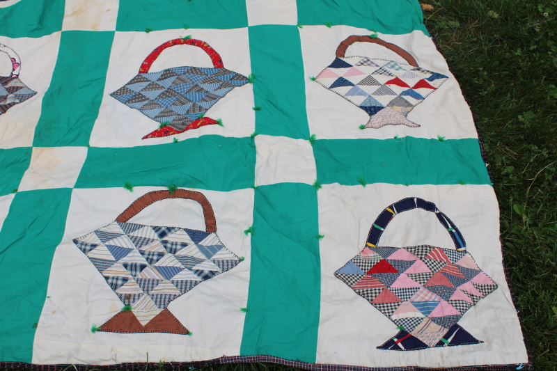 photo of shabby vintage quilt, depression era feedsacks cotton print fabric, flower basket patchwork #8