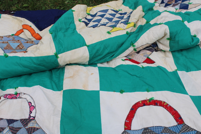 photo of shabby vintage quilt, depression era feedsacks cotton print fabric, flower basket patchwork #13