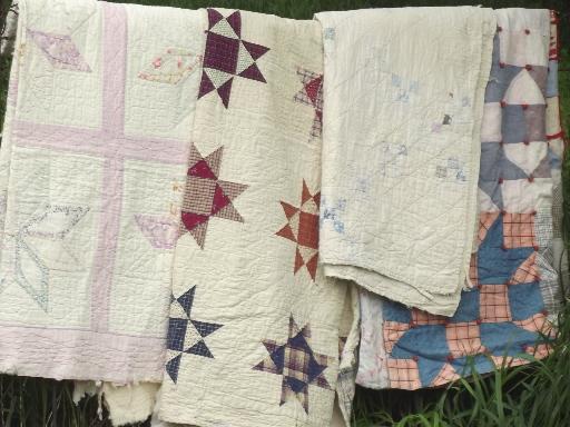 photo of shabby vintage quilts, old antique cotton print patchwork quilt lot #1