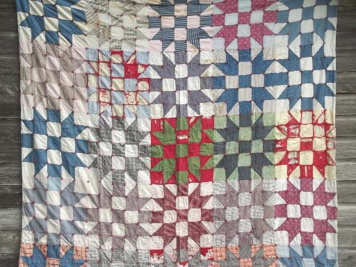 photo of shabby vintage quilts, old antique cotton print patchwork quilt lot #6