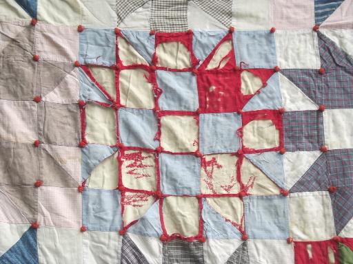 photo of shabby vintage quilts, old antique cotton print patchwork quilt lot #7