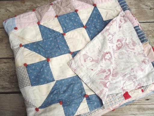 photo of shabby vintage quilts, old antique cotton print patchwork quilt lot #8