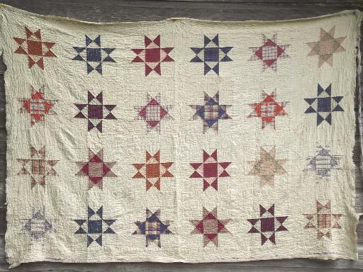 photo of shabby vintage quilts, old antique cotton print patchwork quilt lot #9