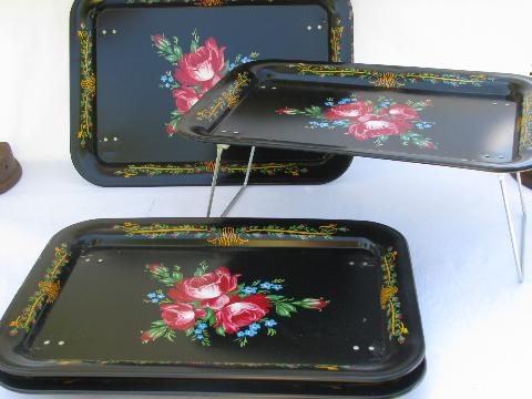 photo of shabby vintage roses, 1950s painted metal TV lap trays, bed tray tables set #1