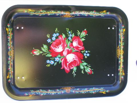 photo of shabby vintage roses, 1950s painted metal TV lap trays, bed tray tables set #2