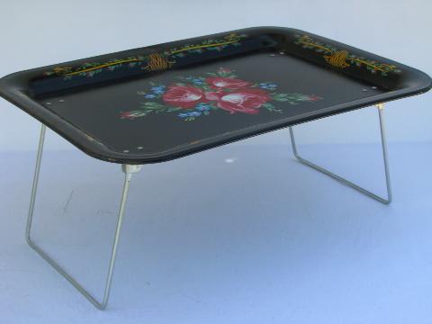 photo of shabby vintage roses, 1950s painted metal TV lap trays, bed tray tables set #4