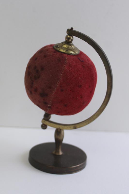 photo of shabby vintage sewing pincushion, world globe tarnished brass frame stand #1