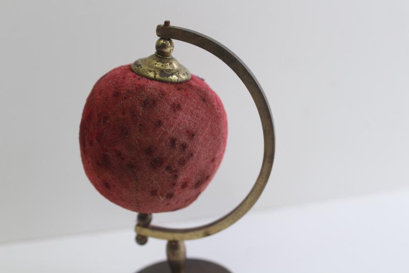 photo of shabby vintage sewing pincushion, world globe tarnished brass frame stand #2