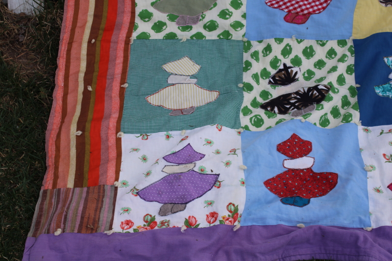 photo of shabby vintage sunbonnet girl quilt, colorful applique patchwork tied quilt #5