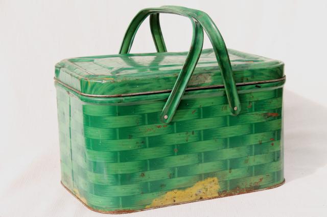 photo of shabby vintage tin picnic hamper w/ handles, basket weave litho print in retro green #1