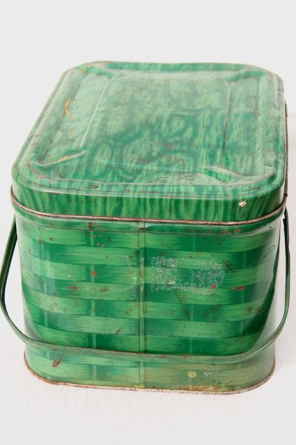 photo of shabby vintage tin picnic hamper w/ handles, basket weave litho print in retro green #3