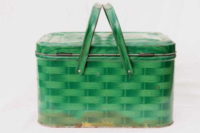 photo of shabby vintage tin picnic hamper w/ handles, basket weave litho print in retro green #4