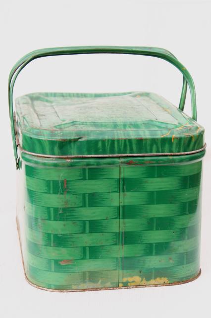 photo of shabby vintage tin picnic hamper w/ handles, basket weave litho print in retro green #5