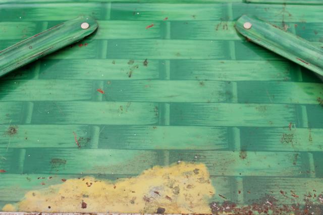 photo of shabby vintage tin picnic hamper w/ handles, basket weave litho print in retro green #9