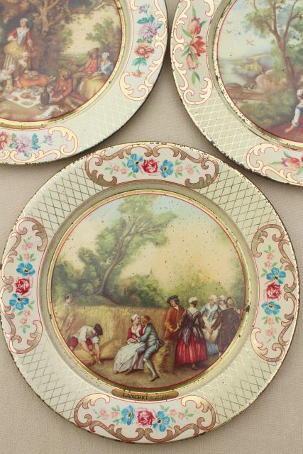 photo of shabby vintage tin plates w/ French country prints, Daher tole ware from Belgium #4