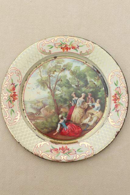 photo of shabby vintage tin plates w/ French country prints, Daher tole ware from Belgium #6