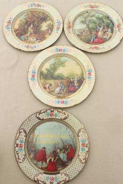 catalog photo of shabby vintage tin plates w/ French country prints, Daher tole ware from Belgium