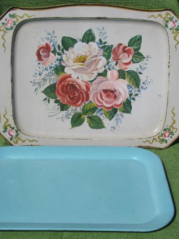 photo of shabby vintage tole metal trays, robin's egg blue and floral on ivory #1