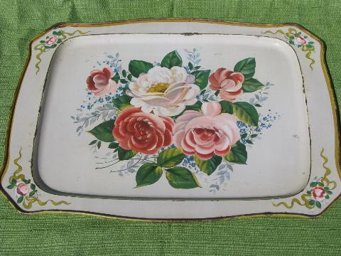 photo of shabby vintage tole metal trays, robin's egg blue and floral on ivory #2