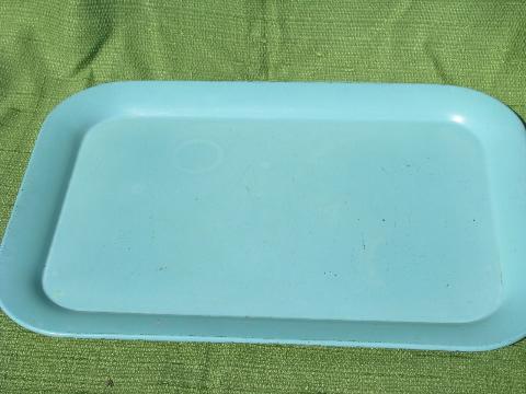 photo of shabby vintage tole metal trays, robin's egg blue and floral on ivory #3