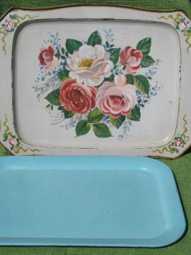 catalog photo of shabby vintage tole metal trays, robin's egg blue and floral on ivory