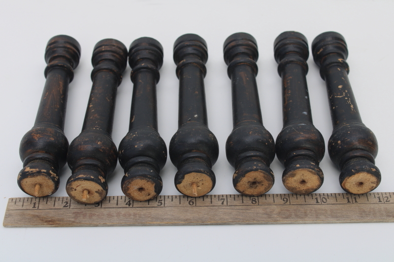 photo of shabby vintage turned wood spindles, primitive spools lot furniture pieces w/ original old dark finish #3