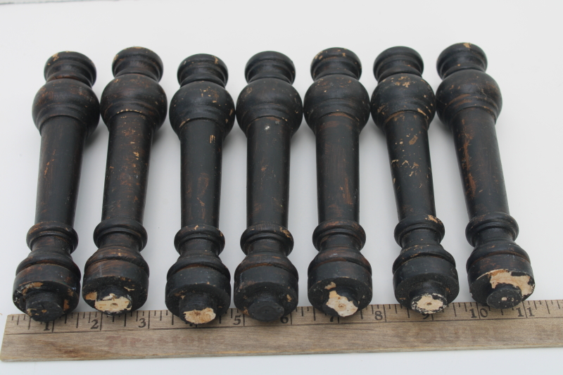 photo of shabby vintage turned wood spindles, primitive spools lot furniture pieces w/ original old dark finish #4