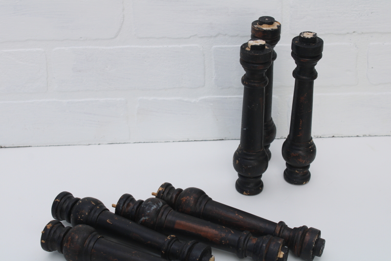 photo of shabby vintage turned wood spindles, primitive spools lot furniture pieces w/ original old dark finish #6