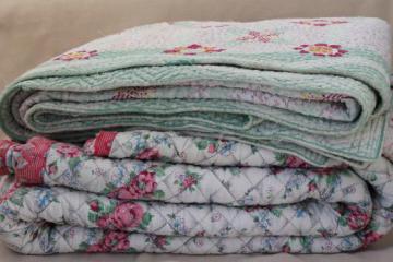 catalog photo of shabby vintage whole cloth quilts, cotton print quilted comforter blankets