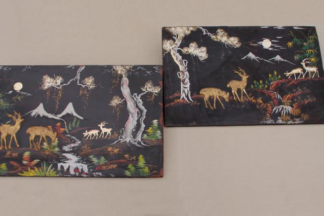 photo of shabby vintage wood panel pictures, painted black lacquer forest scene w/ applied deer #1