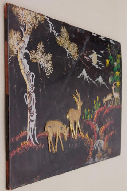 photo of shabby vintage wood panel pictures, painted black lacquer forest scene w/ applied deer #6