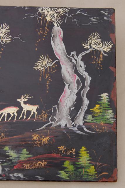 photo of shabby vintage wood panel pictures, painted black lacquer forest scene w/ applied deer #9