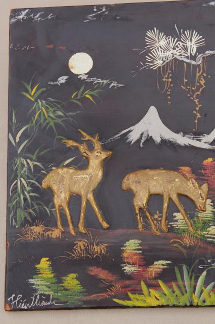 photo of shabby vintage wood panel pictures, painted black lacquer forest scene w/ applied deer #10