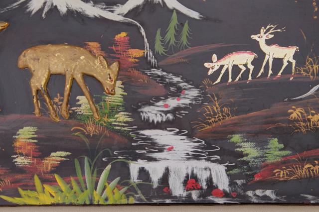 photo of shabby vintage wood panel pictures, painted black lacquer forest scene w/ applied deer #11