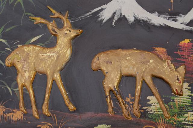 photo of shabby vintage wood panel pictures, painted black lacquer forest scene w/ applied deer #12