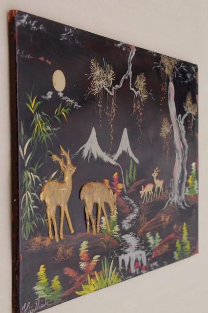 photo of shabby vintage wood panel pictures, painted black lacquer forest scene w/ applied deer #14