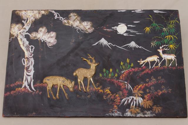 photo of shabby vintage wood panel pictures, painted black lacquer forest scene w/ applied deer #15