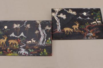 catalog photo of shabby vintage wood panel pictures, painted black lacquer forest scene w/ applied deer