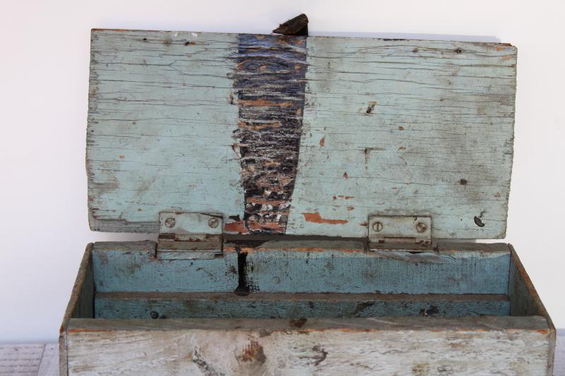 photo of shabby vintage wood toolbox w/ old blue paint, rustic farmhouse style primitive #3