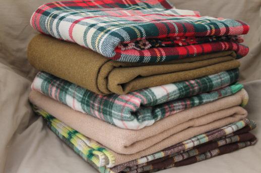 photo of shabby vintage wool camp blankets, plaid blankets & old army blanket for cutter fabric #1