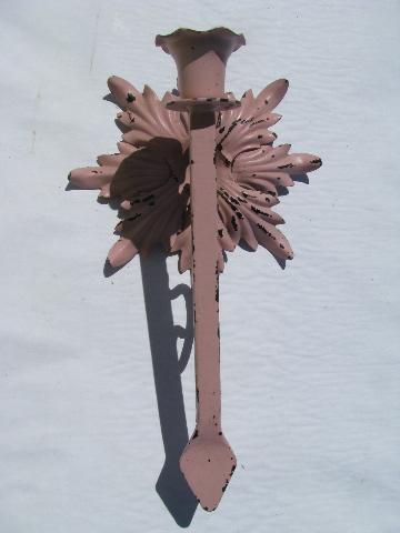 photo of shabby vintage wrought iron candle wall sconce, chippy old pink paint #1