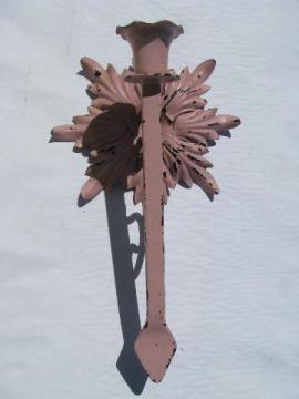 catalog photo of shabby vintage wrought iron candle wall sconce, chippy old pink paint