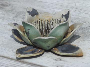 catalog photo of shabby vintage zinc metal flower frog,  cottage garden flower shape frog 