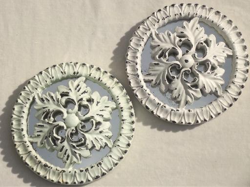 photo of shabby white painted architectural molding ornaments, rosette medallions #3