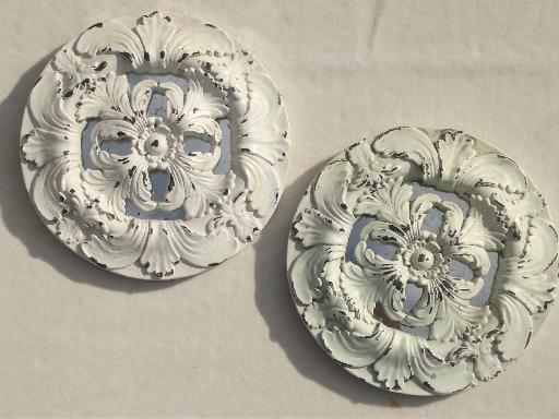 photo of shabby white painted architectural molding ornaments, rosette medallions #5