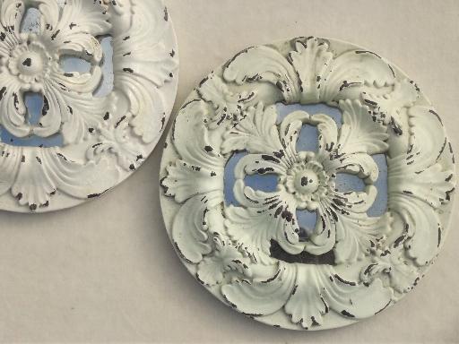 photo of shabby white painted architectural molding ornaments, rosette medallions #6